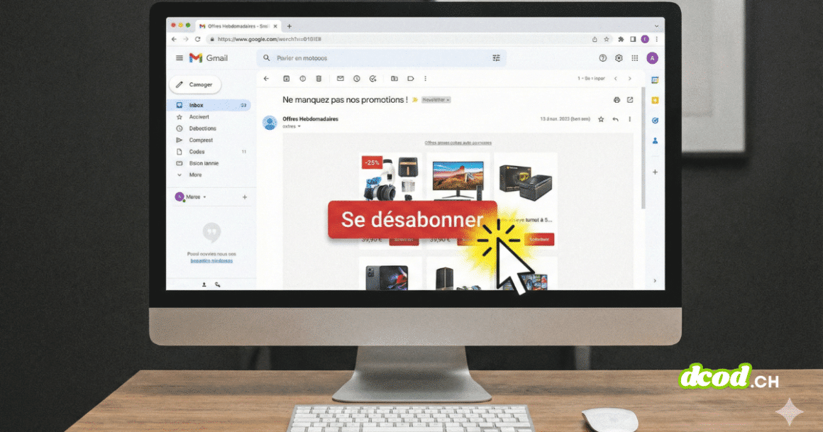 Illustration au style capture d'écran montrant une interface de messagerie électronique. L'image se concentre sur le bas d'un courriel où un curseur de souris clique sur un lien ou un bouton clairement indiqué "Se désabonner", symbolisant l'arrêt de la réception de courriels commerciaux.
