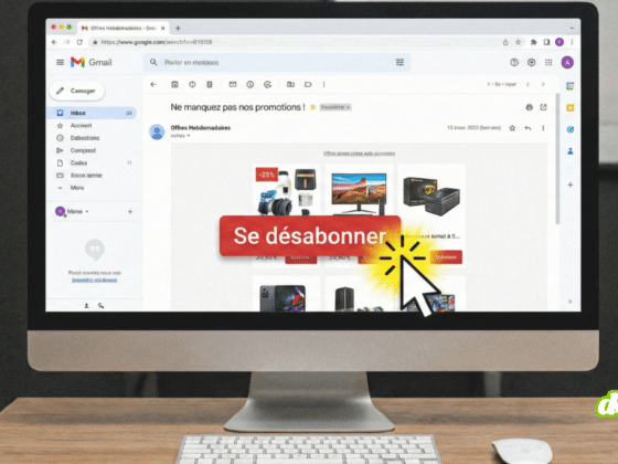 Illustration au style capture d'écran montrant une interface de messagerie électronique. L'image se concentre sur le bas d'un courriel où un curseur de souris clique sur un lien ou un bouton clairement indiqué "Se désabonner", symbolisant l'arrêt de la réception de courriels commerciaux.
