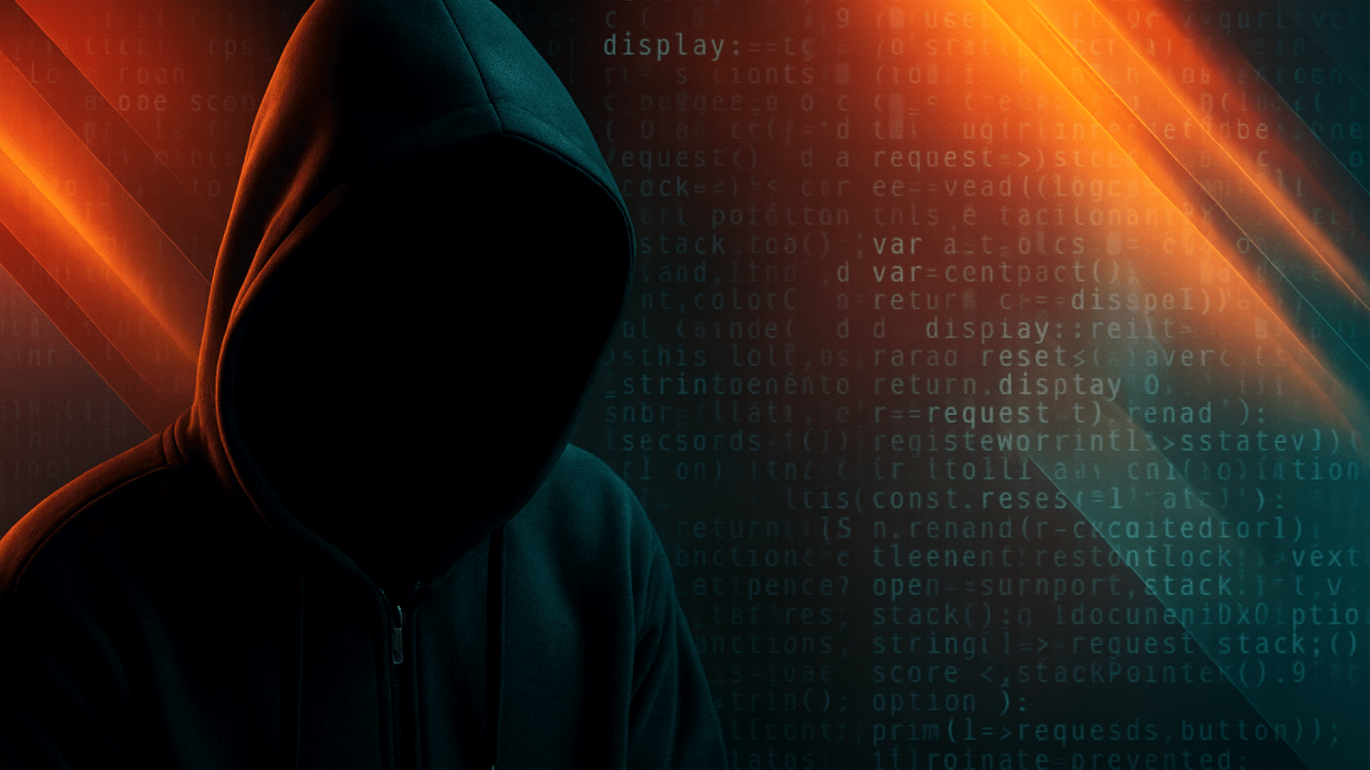 Silhouette sombre d’un individu portant une capuche, symbolisant un hacker, sur fond de code informatique et de lumières rouges et bleues, représentant une cyberattaque ou une activité de piratage.