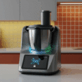 Robot de cuisine multifonction doté d’un écran tactile et d’effets lumineux numériques, posé sur un plan de travail dans une cuisine contemporaine aux tons rouges et jaunes, avec le logo « dcod » en bas à droite.