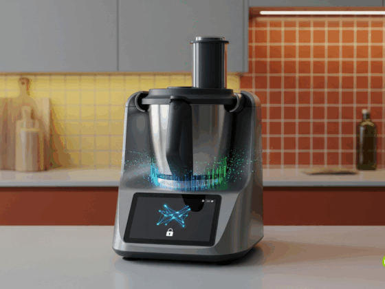 Robot de cuisine multifonction doté d’un écran tactile et d’effets lumineux numériques, posé sur un plan de travail dans une cuisine contemporaine aux tons rouges et jaunes, avec le logo « dcod » en bas à droite.