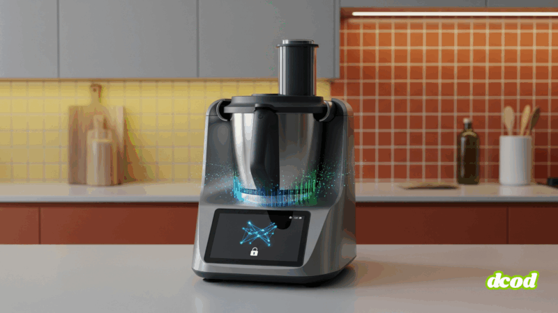 Robot de cuisine multifonction doté d’un écran tactile et d’effets lumineux numériques, posé sur un plan de travail dans une cuisine contemporaine aux tons rouges et jaunes, avec le logo « dcod » en bas à droite.