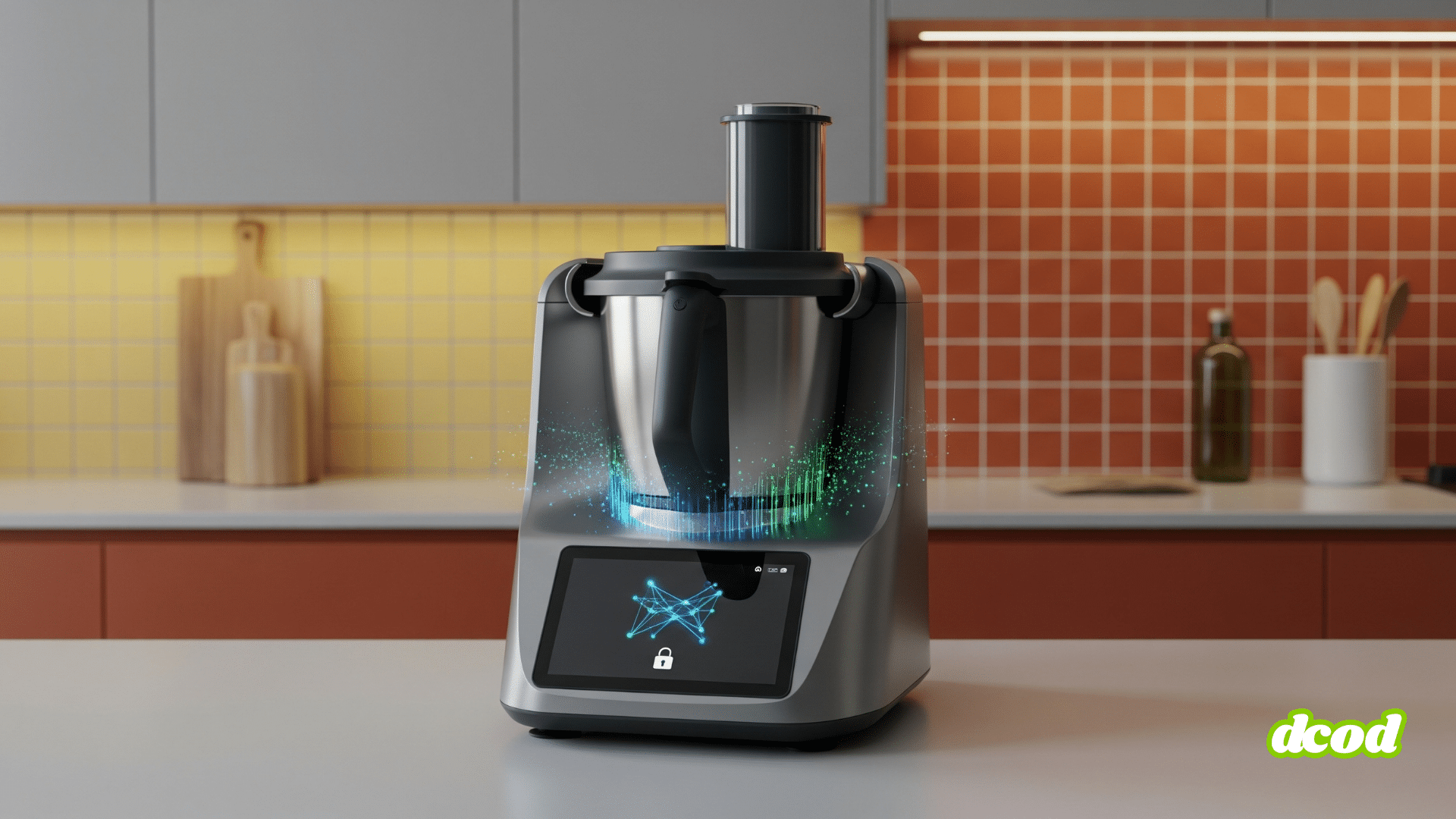 Robot de cuisine multifonction doté d’un écran tactile et d’effets lumineux numériques, posé sur un plan de travail dans une cuisine contemporaine aux tons rouges et jaunes, avec le logo « dcod » en bas à droite.
