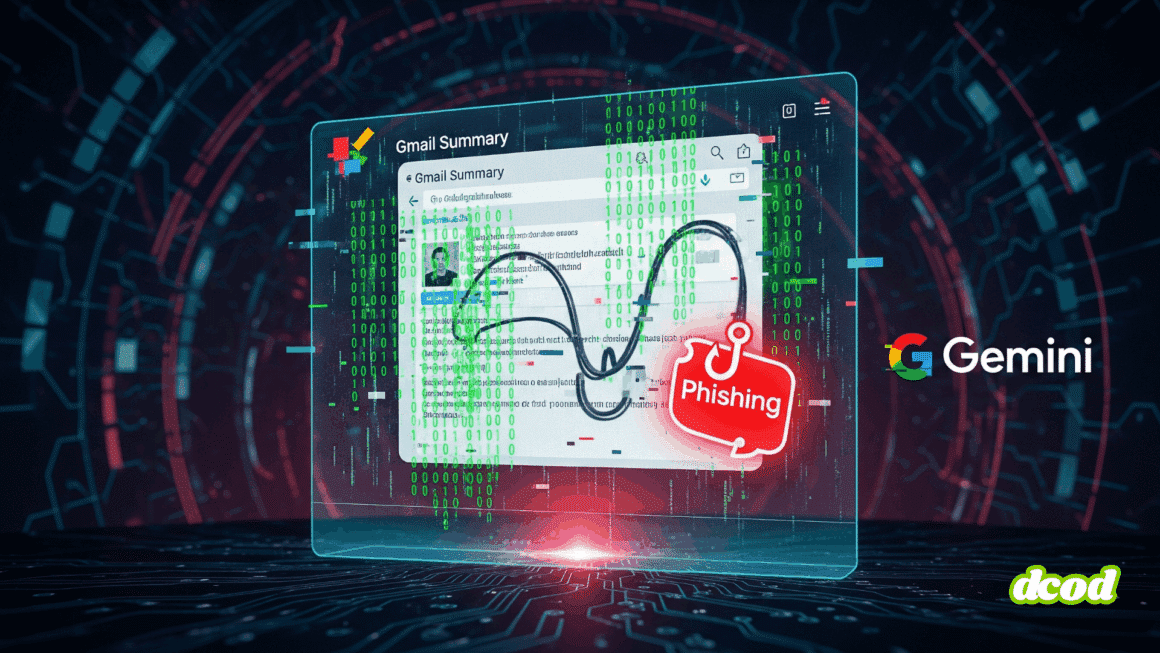 Illustration numérique représentant une tentative de phishing dans un email Gmail, détectée grâce à l’intelligence artificielle Google Gemini, avec un symbole d’hameçonnage rouge sur fond de code binaire.