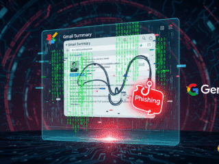 Illustration numérique représentant une tentative de phishing dans un email Gmail, détectée grâce à l’intelligence artificielle Google Gemini, avec un symbole d’hameçonnage rouge sur fond de code binaire.