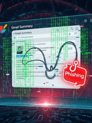 Illustration numérique représentant une tentative de phishing dans un email Gmail, détectée grâce à l’intelligence artificielle Google Gemini, avec un symbole d’hameçonnage rouge sur fond de code binaire.