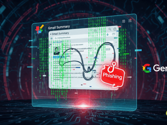 Illustration numérique représentant une tentative de phishing dans un email Gmail, détectée grâce à l’intelligence artificielle Google Gemini, avec un symbole d’hameçonnage rouge sur fond de code binaire.