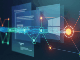 Représentation abstraite d’un flux de données reliant des interfaces utilisateur numériques à une structure en réseau, symbolisant l’analyse de données, l’intelligence artificielle ou la communication entre systèmes informatiques.