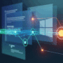 Représentation abstraite d’un flux de données reliant des interfaces utilisateur numériques à une structure en réseau, symbolisant l’analyse de données, l’intelligence artificielle ou la communication entre systèmes informatiques.