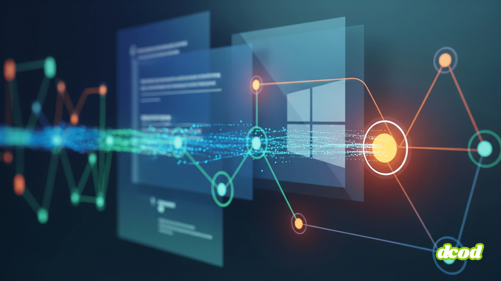 Représentation abstraite d’un flux de données reliant des interfaces utilisateur numériques à une structure en réseau, symbolisant l’analyse de données, l’intelligence artificielle ou la communication entre systèmes informatiques.