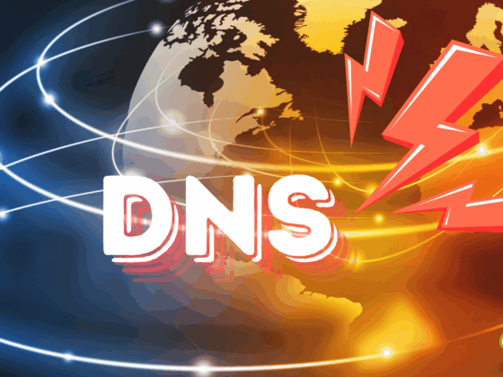 Illustration représentant une attaque ou une panne DNS à l’échelle mondiale, avec la Terre vue depuis l’espace, des éclairs rouges symbolisant une perturbation, et le mot "DNS" en grandes lettres blanches.