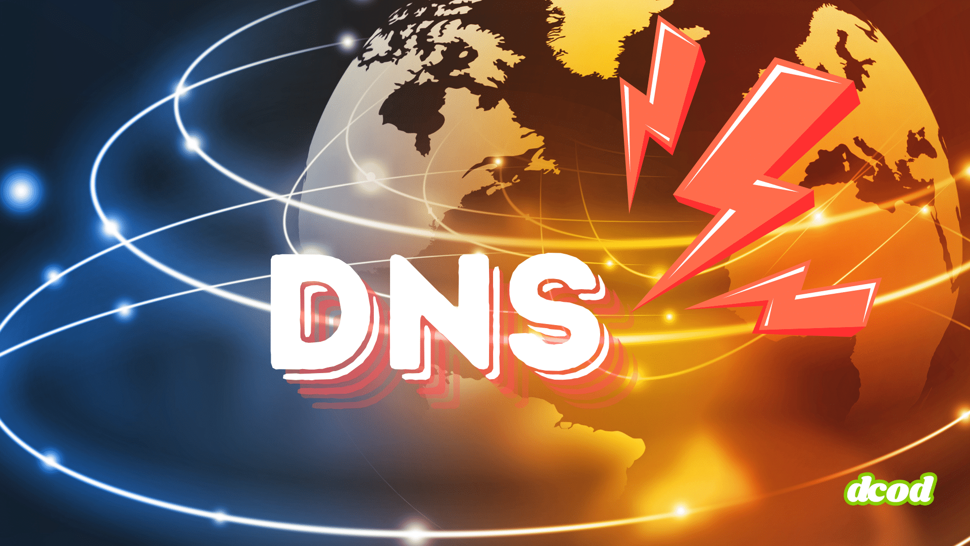 Illustration représentant une attaque ou une panne DNS à l’échelle mondiale, avec la Terre vue depuis l’espace, des éclairs rouges symbolisant une perturbation, et le mot "DNS" en grandes lettres blanches.
