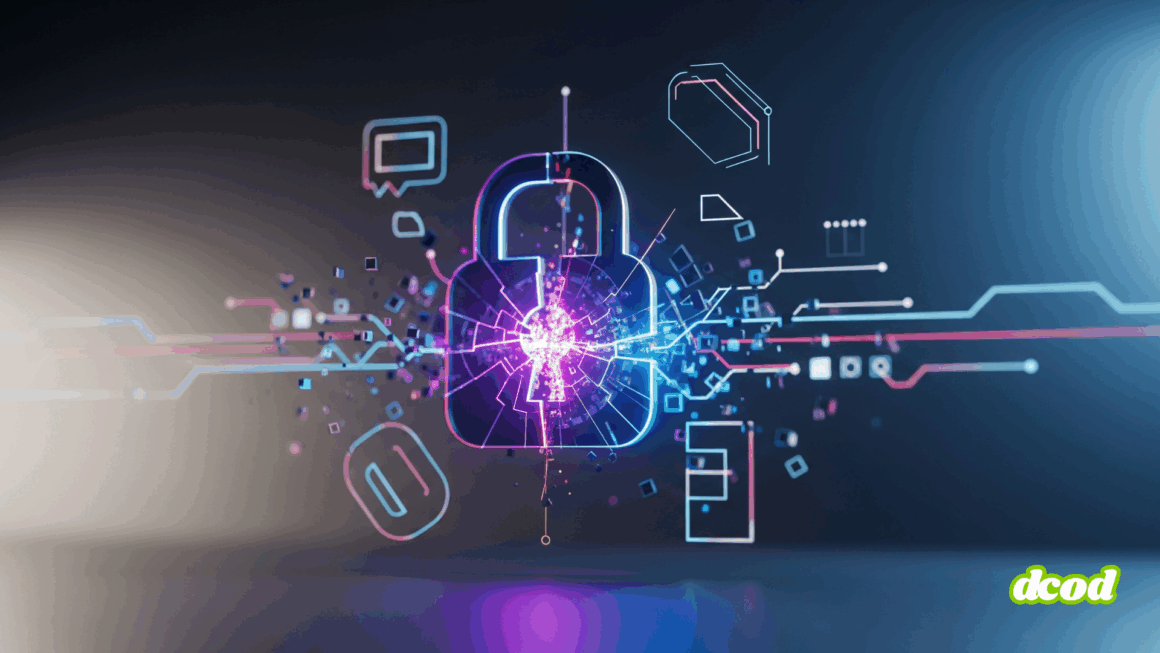 Icône de cadenas numérique stylisé et fracturé, entouré d'éléments abstraits lumineux représentant la vulnérabilité des données et la cybersécurité.