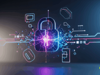 Icône de cadenas numérique stylisé et fracturé, entouré d'éléments abstraits lumineux représentant la vulnérabilité des données et la cybersécurité.