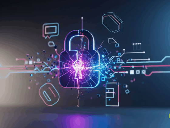 Icône de cadenas numérique stylisé et fracturé, entouré d'éléments abstraits lumineux représentant la vulnérabilité des données et la cybersécurité.