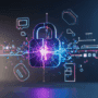 Icône de cadenas numérique stylisé et fracturé, entouré d'éléments abstraits lumineux représentant la vulnérabilité des données et la cybersécurité.