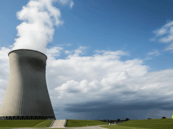 Tour de refroidissement d'une centrale nucléaire s'élevant vers un ciel bleu clair, avec des nuages sombres et menaçants à l'horizon, évoquant la puissance et la complexité de l'énergie nucléaire face aux défis environnementaux ou de sécurité.