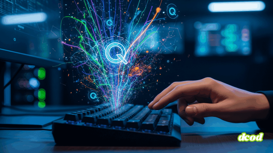 Une image photographique moderne et stylisée en format paysage, montrant une main de hacker au-dessus d'un clavier, avec des éléments numériques abstraits et colorés émanant d'un écran, symbolisant une commande de destruction insérée dans un système d'IA avancé. L'ambiance visuelle évoque la cybersécurité et la manipulation de données.