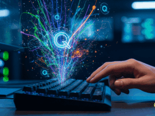 Une image photographique moderne et stylisée en format paysage, montrant une main de hacker au-dessus d'un clavier, avec des éléments numériques abstraits et colorés émanant d'un écran, symbolisant une commande de destruction insérée dans un système d'IA avancé. L'ambiance visuelle évoque la cybersécurité et la manipulation de données.