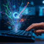 Une image photographique moderne et stylisée en format paysage, montrant une main de hacker au-dessus d'un clavier, avec des éléments numériques abstraits et colorés émanant d'un écran, symbolisant une commande de destruction insérée dans un système d'IA avancé. L'ambiance visuelle évoque la cybersécurité et la manipulation de données.