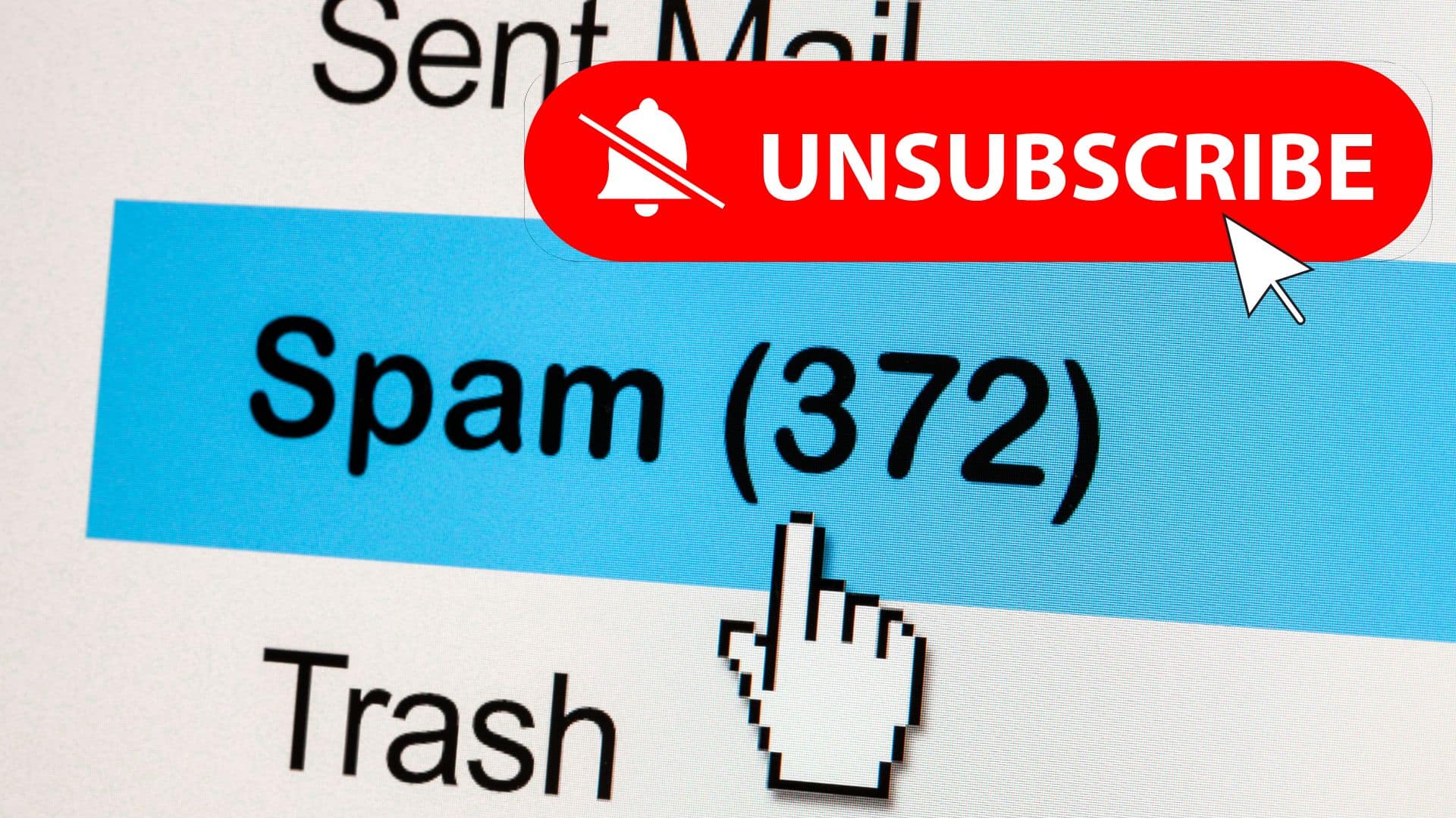 Capture d’écran d’un dossier de messagerie affichant 372 spams, avec un bouton rouge "Unsubscribe" et une icône de curseur, illustrant les risques liés aux liens de désabonnement dans les emails.