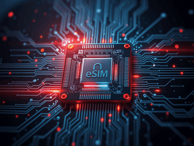 Illustration d'une puce eSIM installée sur une carte électronique, symbolisant la connectivité numérique moderne et les avancées technologiques en matière de télécommunications.