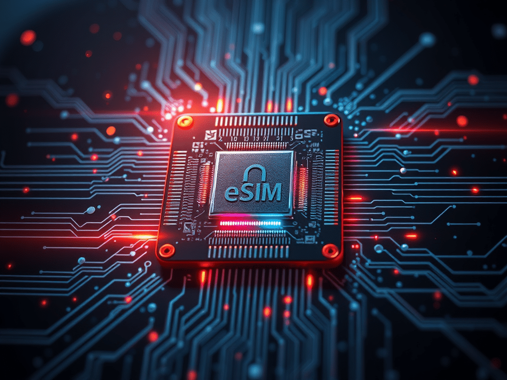 Illustration d'une puce eSIM installée sur une carte électronique, symbolisant la connectivité numérique moderne et les avancées technologiques en matière de télécommunications.