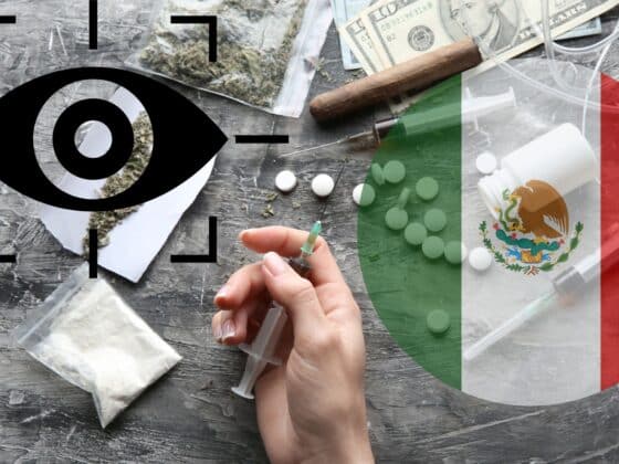 Main tenant une seringue au milieu de drogues diverses (cocaïne, pilules, marijuana), billets de banque et drapeau du Mexique en transparence, illustrant la surveillance et le trafic des cartels de drogue mexicains