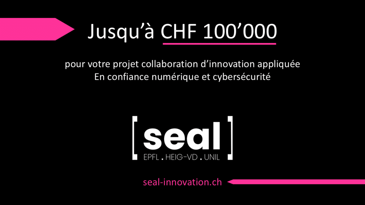 Visuel officiel du programme [seal] annonçant l’appel à projets 2025 sur la cybersécurité industrielle, avec un financement allant jusqu’à 100’000 CHF.
