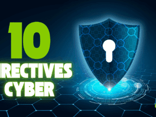 Image illustrant un bouclier numérique avec une serrure, représentant la cybersécurité, accompagnée du texte "10 directives cyber" en vert fluo sur fond technologique sombre, avec le logo "dcod" en bas à droite.