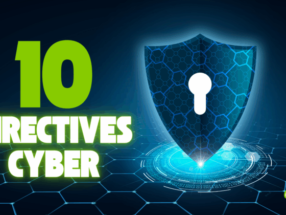 Image illustrant un bouclier numérique avec une serrure, représentant la cybersécurité, accompagnée du texte "10 directives cyber" en vert fluo sur fond technologique sombre, avec le logo "dcod" en bas à droite.