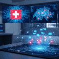 Illustration 3D stylisée et moderne d'un environnement industriel OT sécurisé par des systèmes de cybersécurité avancés. Un affichage holographique au premier plan montre un graphique de réseau complexe avec des nœuds lumineux, symbolisant la protection des infrastructures critiques. L'ambiance est professionnelle et sobre, avec une palette de couleurs équilibrée qui met en valeur le thème technologique.