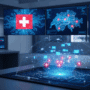 Illustration 3D stylisée et moderne d'un environnement industriel OT sécurisé par des systèmes de cybersécurité avancés. Un affichage holographique au premier plan montre un graphique de réseau complexe avec des nœuds lumineux, symbolisant la protection des infrastructures critiques. L'ambiance est professionnelle et sobre, avec une palette de couleurs équilibrée qui met en valeur le thème technologique.