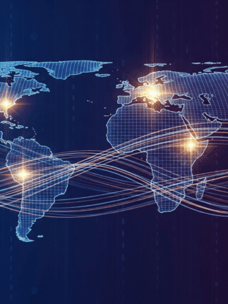 Carte du monde stylisée illustrant la cybersécurité et l'attribution des menaces. Des flux de données lumineux parcourent le globe, connectant plusieurs points chauds pour représenter l'identification des acteurs malveillants sur le réseau mondial. Le design est moderne, dans des teintes de bleu, violet et or.