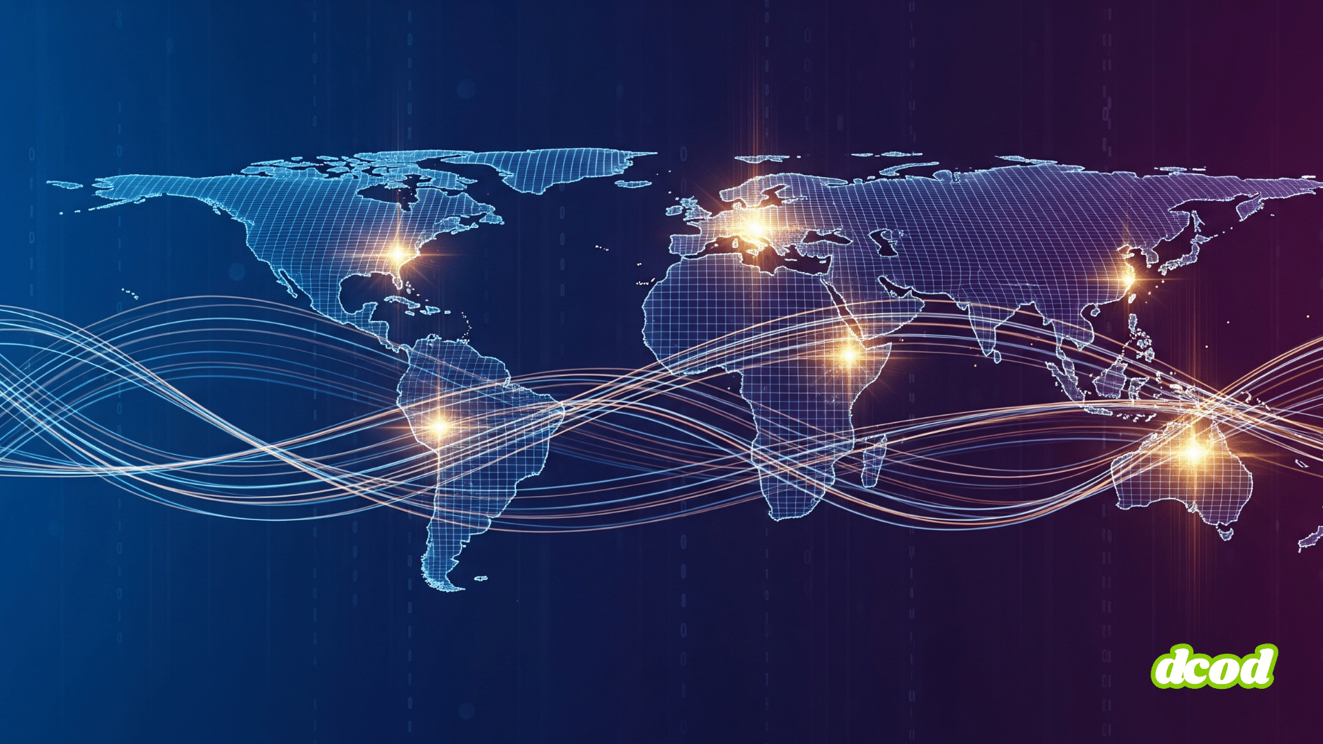 Carte du monde stylisée illustrant la cybersécurité et l'attribution des menaces. Des flux de données lumineux parcourent le globe, connectant plusieurs points chauds pour représenter l'identification des acteurs malveillants sur le réseau mondial. Le design est moderne, dans des teintes de bleu, violet et or.