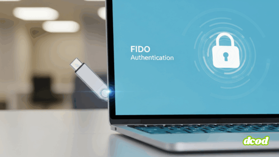 Une clé de sécurité FIDO est branchée sur un ordinateur portable. L'écran de l'ordinateur portable affiche le texte "Authentification FIDO" et une icône de cadenas, symbolisant une connexion sécurisée et sans mot de passe