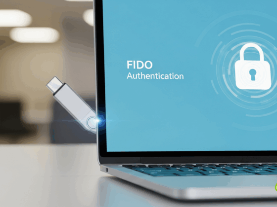 Une clé de sécurité FIDO est branchée sur un ordinateur portable. L'écran de l'ordinateur portable affiche le texte "Authentification FIDO" et une icône de cadenas, symbolisant une connexion sécurisée et sans mot de passe