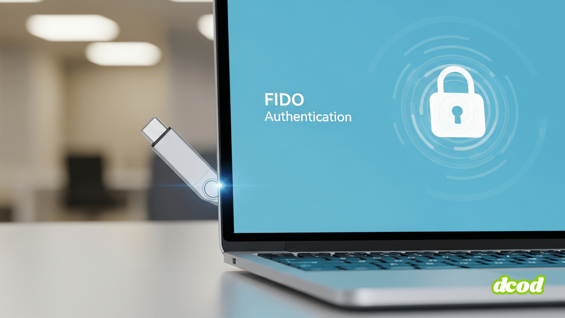 Une clé de sécurité FIDO est branchée sur un ordinateur portable. L'écran de l'ordinateur portable affiche le texte "Authentification FIDO" et une icône de cadenas, symbolisant une connexion sécurisée et sans mot de passe