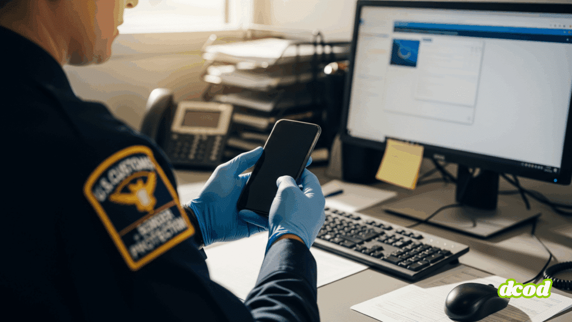 Un agent de la douane américaine inspectant un smartphone dans un aéroport.