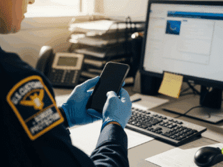 Un agent de la douane américaine inspectant un smartphone dans un aéroport.