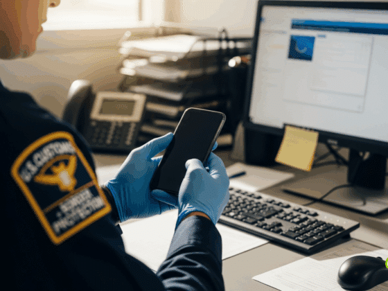 Un agent de la douane américaine inspectant un smartphone dans un aéroport.