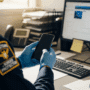 Un agent de la douane américaine inspectant un smartphone dans un aéroport.