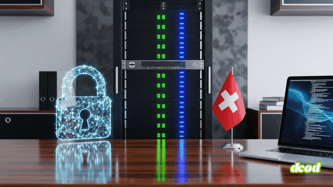 Illustration hyper-réaliste d'un centre de données moderne avec un drapeau suisse, symbolisant la robustesse de la cyberrésilience.