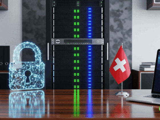 Illustration hyper-réaliste d'un centre de données moderne avec un drapeau suisse, symbolisant la robustesse de la cyberrésilience.