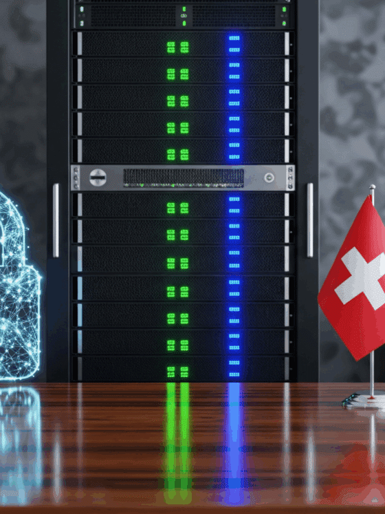 Illustration hyper-réaliste d'un centre de données moderne avec un drapeau suisse, symbolisant la robustesse de la cyberrésilience.