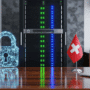 Illustration hyper-réaliste d'un centre de données moderne avec un drapeau suisse, symbolisant la robustesse de la cyberrésilience.