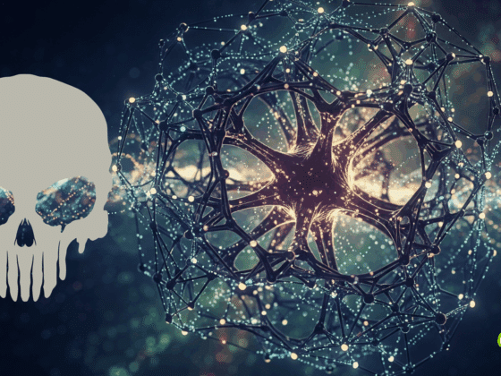 Composition numérique sur fond sombre, intégrant un réseau neuronal abstrait et lumineux au centre, un crâne blanc stylisé sur la gauche et le logo "dcod" en bas à droite. L'image combine des éléments techniques et graphiques pour créer un style moderne et percutant.