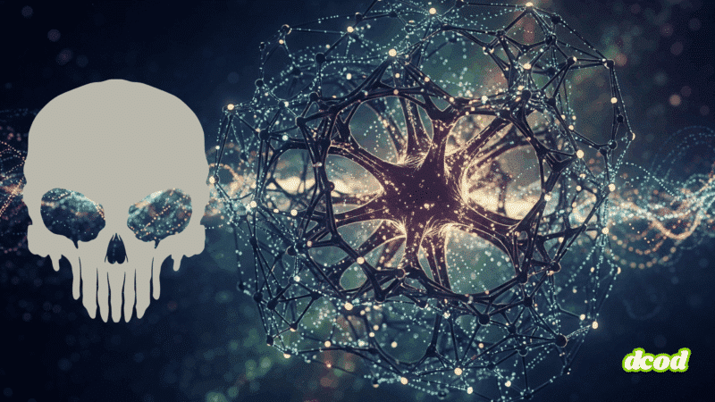 Composition numérique sur fond sombre, intégrant un réseau neuronal abstrait et lumineux au centre, un crâne blanc stylisé sur la gauche et le logo "dcod" en bas à droite. L'image combine des éléments techniques et graphiques pour créer un style moderne et percutant.