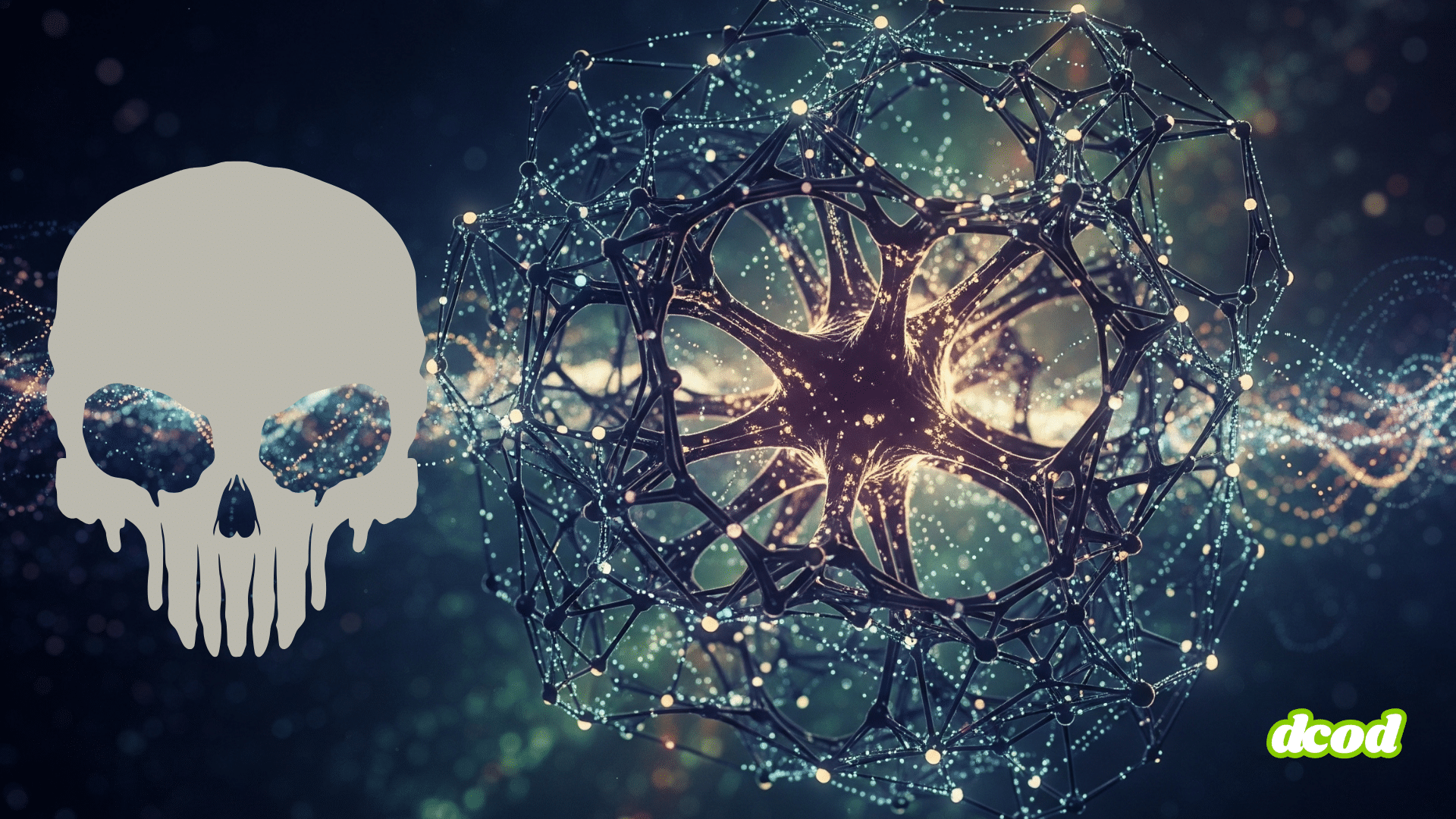 Composition numérique sur fond sombre, intégrant un réseau neuronal abstrait et lumineux au centre, un crâne blanc stylisé sur la gauche et le logo "dcod" en bas à droite. L'image combine des éléments techniques et graphiques pour créer un style moderne et percutant.
