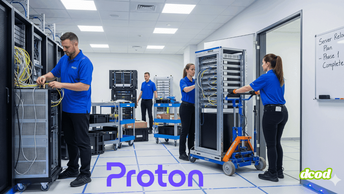 Équipe de techniciens professionnels organisant le déménagement de racks de serveurs dans un centre de données moderne.